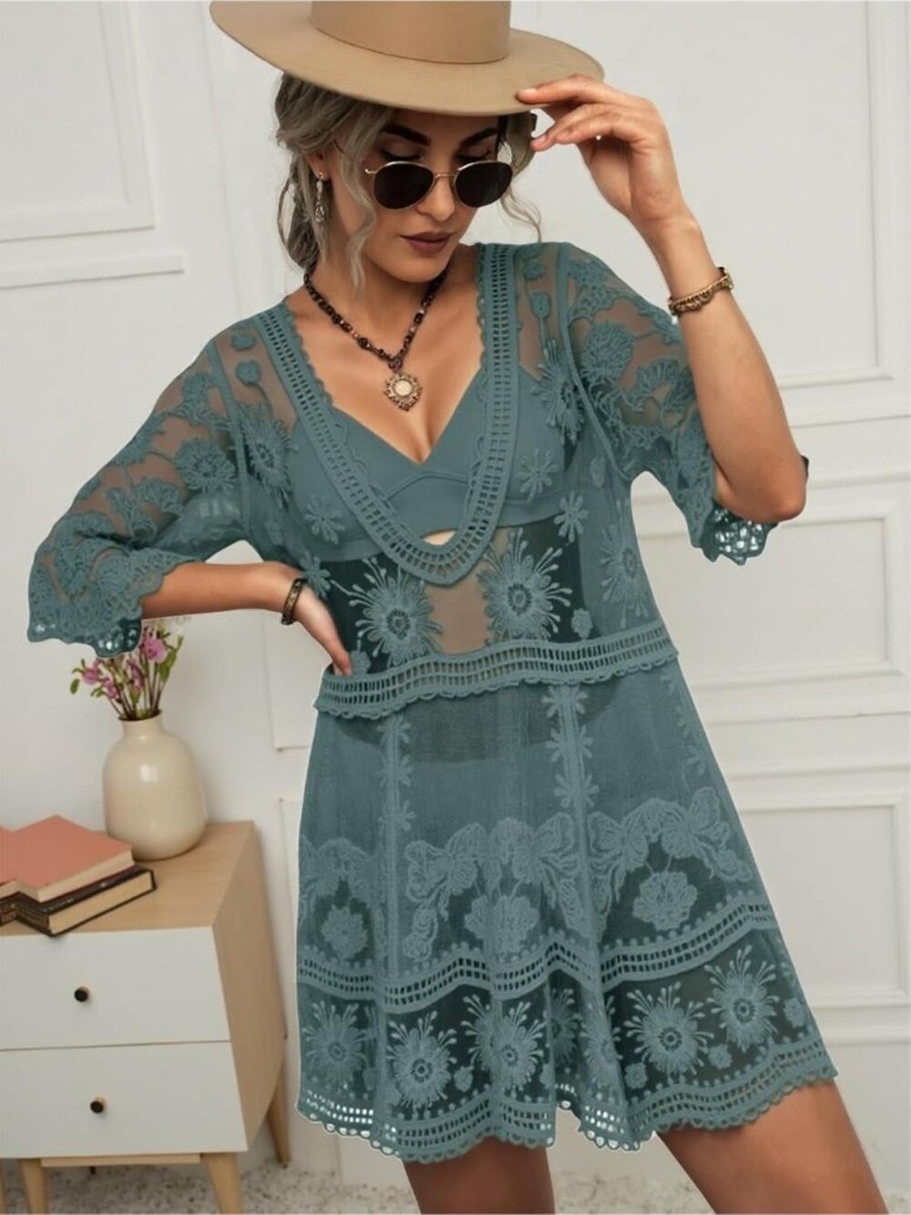 Women's Green Rayon V-Neck Coverup Sheer Mesh Lace Bathing Suit Swimsuit Coverup - Picture 3 of 5